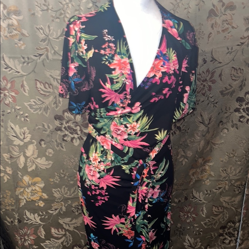 INC International Concepts Hawaiian Floral Wrap Dress - Black and Pink